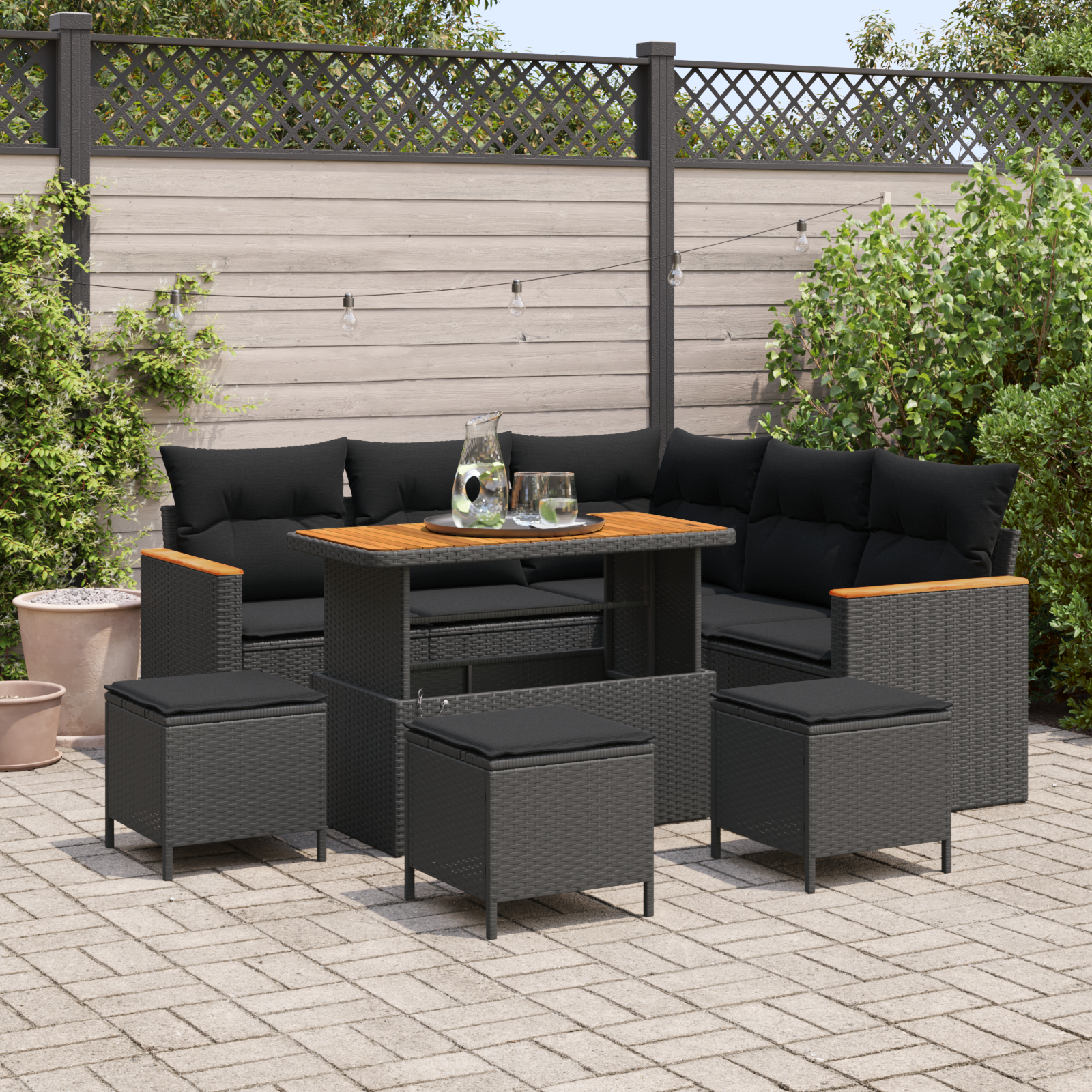 Garten-Sofa-Set mit Kissen mit Speicher Schwarz Poly Rattan
