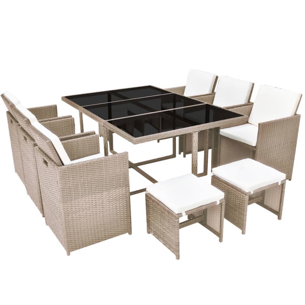 11-tlg. Garten-Essgruppe mit Auflagen Poly Rattan Beige
