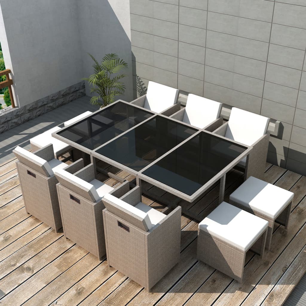 11-tlg. Garten-Essgruppe mit Auflagen Poly Rattan Beige