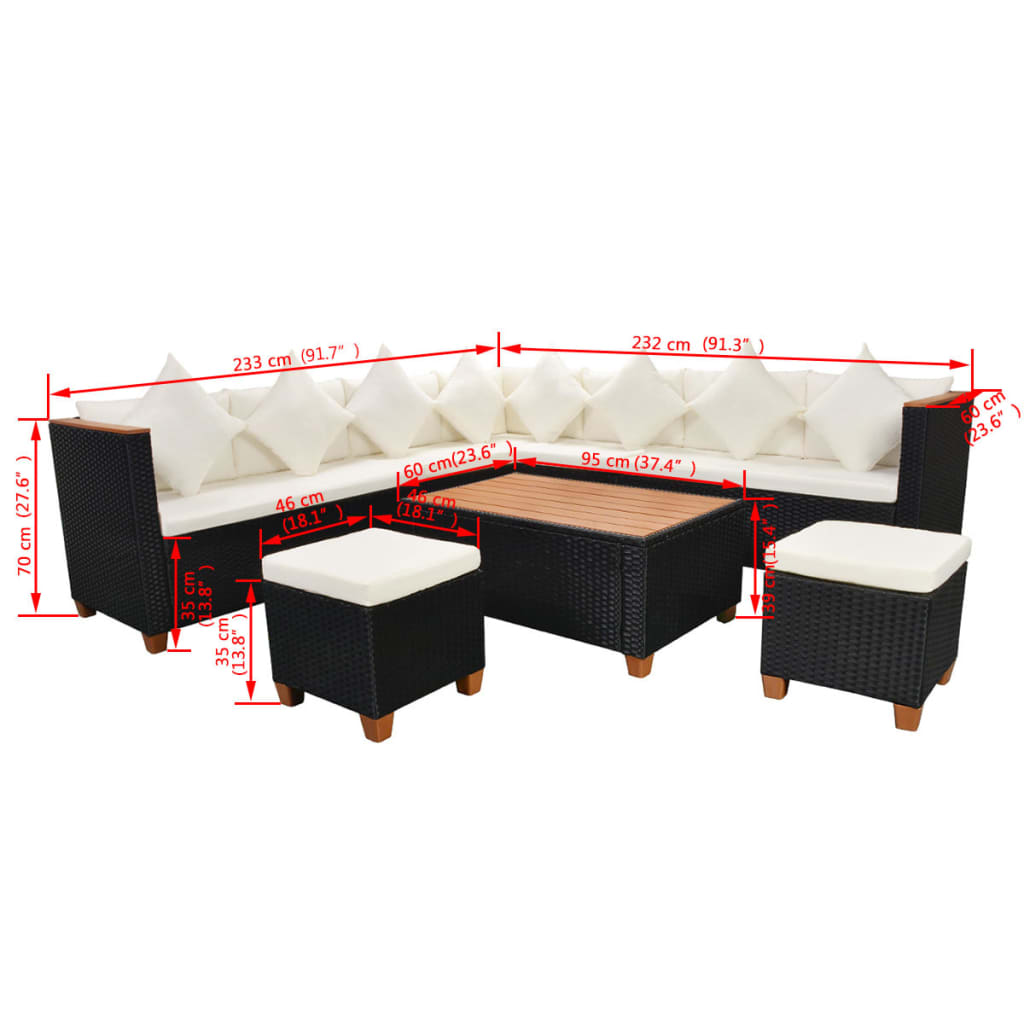 7-tlg. Garten-Lounge-Set mit Auflagen Poly Rattan Schwarz