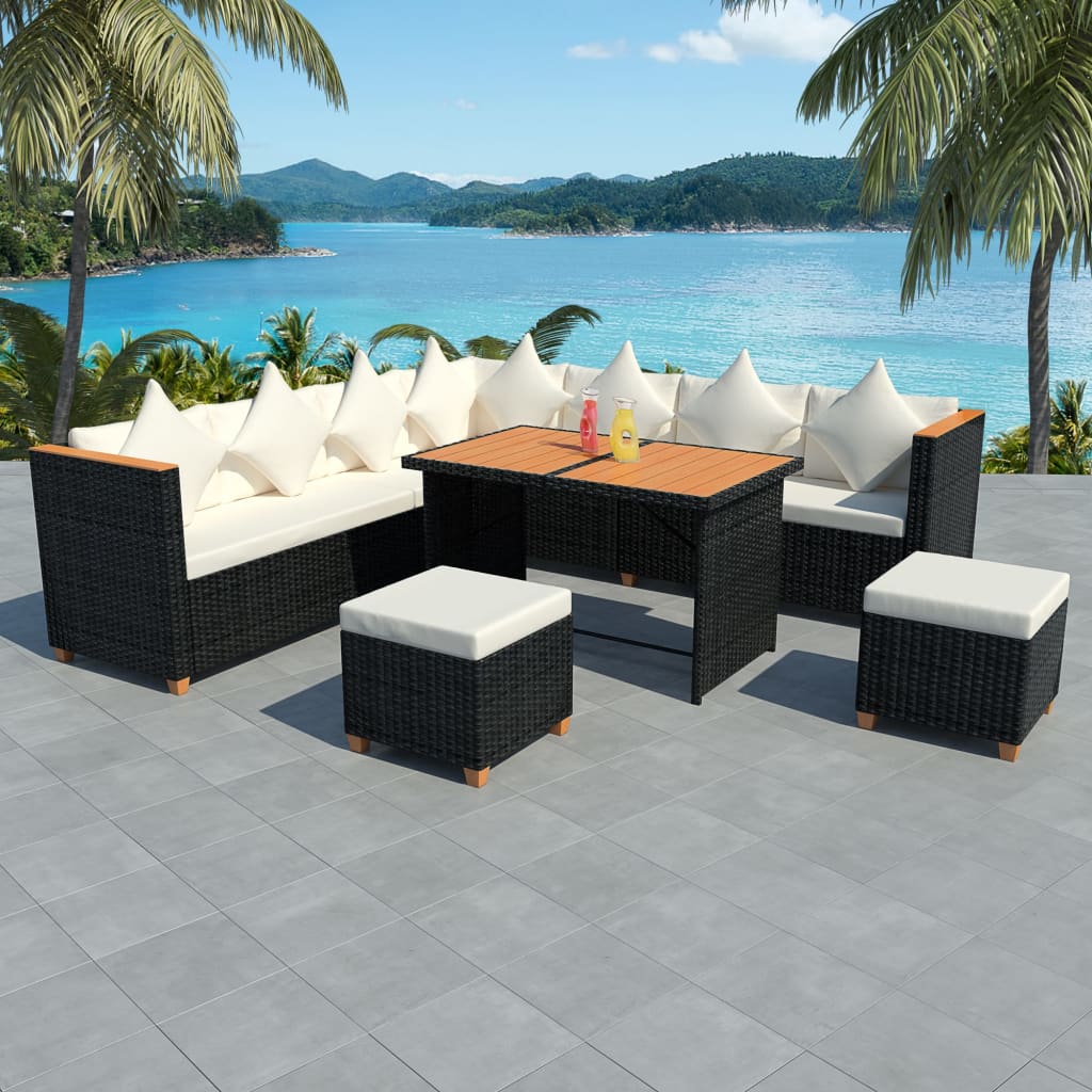 7-tlg. Garten-Lounge-Set mit Auflagen Poly Rattan Schwarz