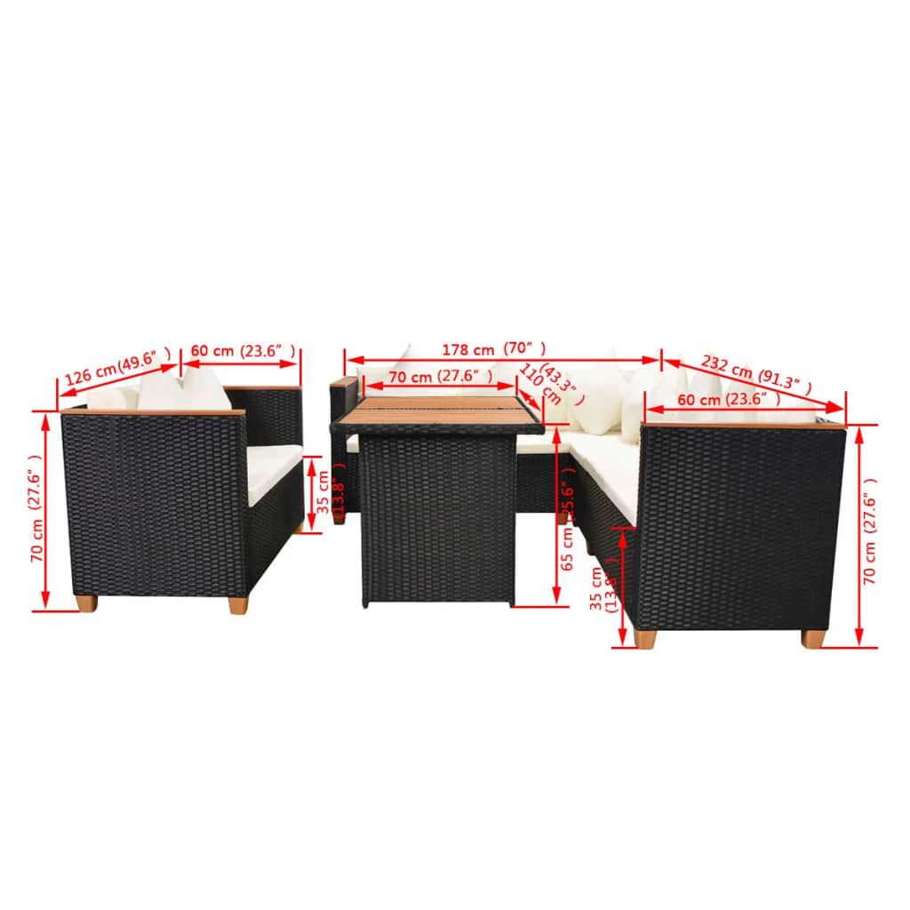 5-tlg. Garten-Lounge-Set mit Kissen Poly Rattan Schwarz