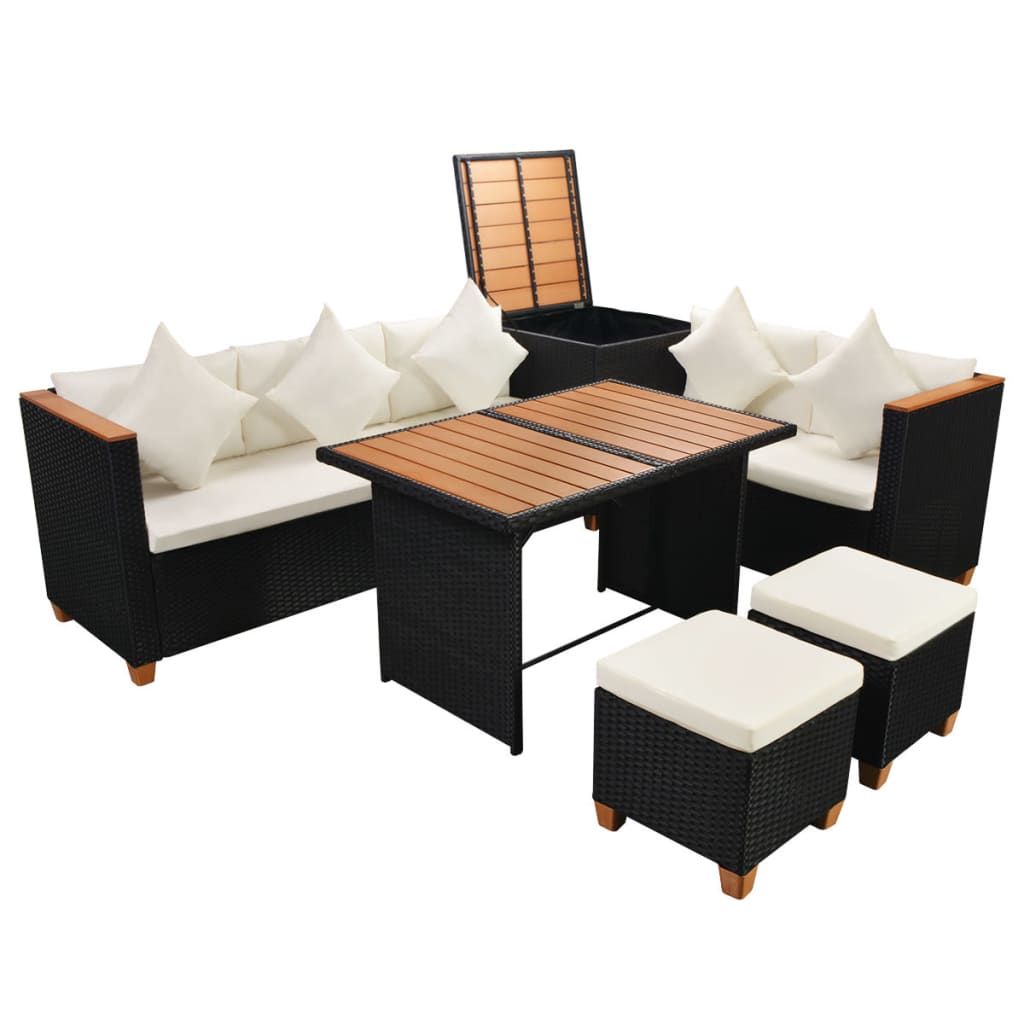 7-tlg. Garten-Lounge-Set mit Auflagen Poly Rattan Schwarz