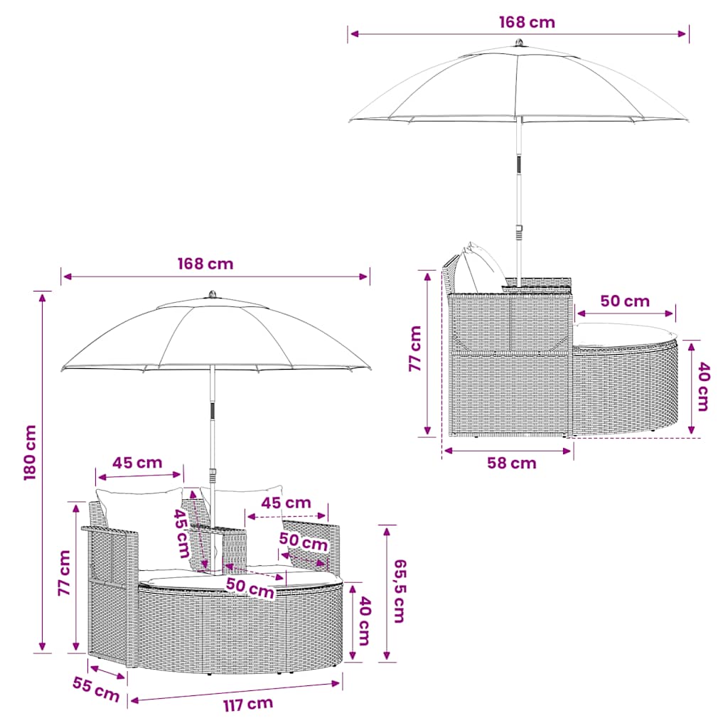 Gartenbett mit Sonnenschirm Grau Poly Rattan