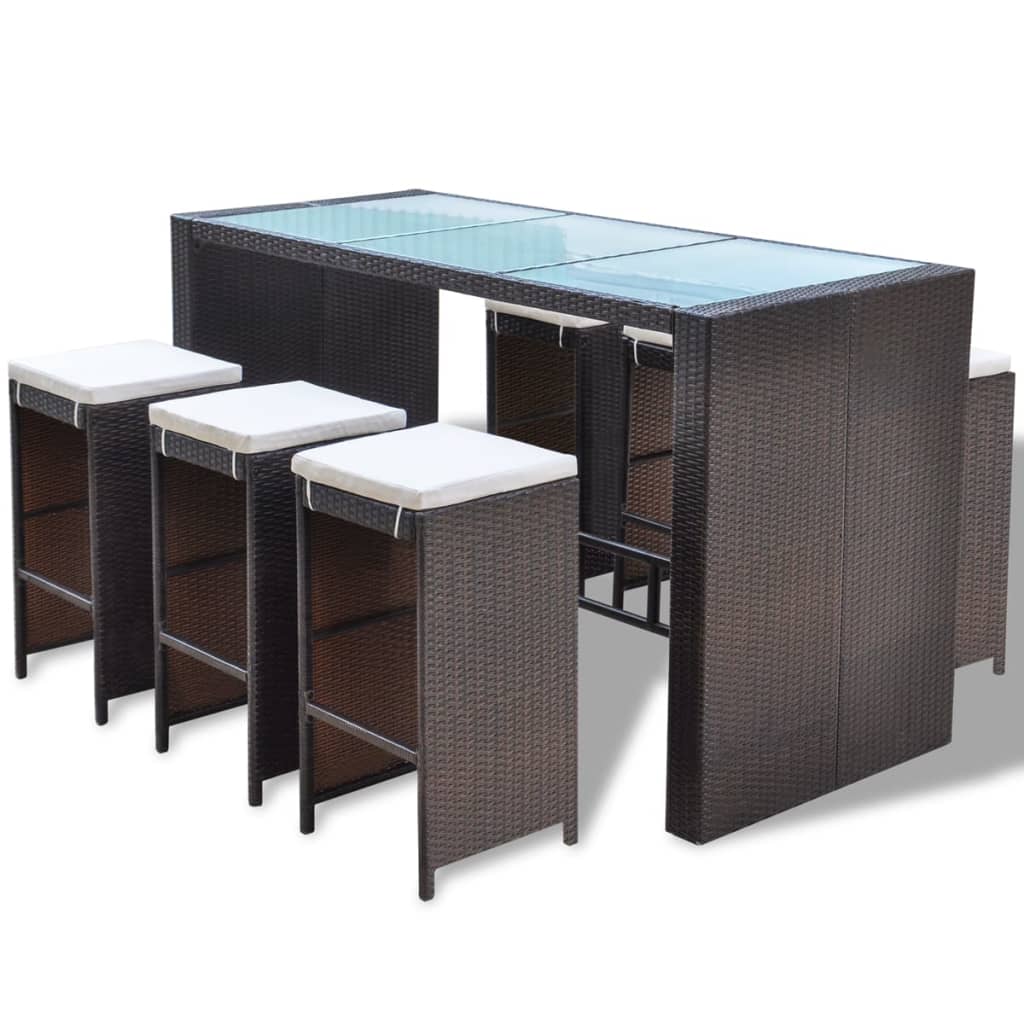 7-tlg. Gartenbar-Set mit Auflagen Poly Rattan Braun