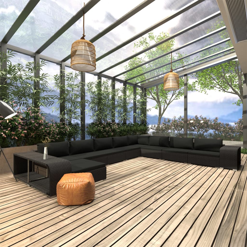 11-tlg. Garten-Lounge-Set mit Auflagen Poly Rattan Schwarz