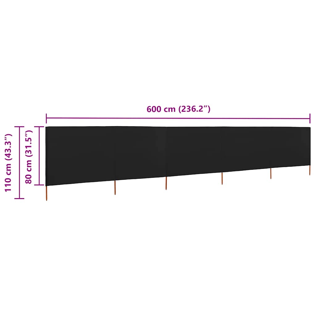 5-teiliges Windschutzgewebe 600 x 80 cm Schwarz