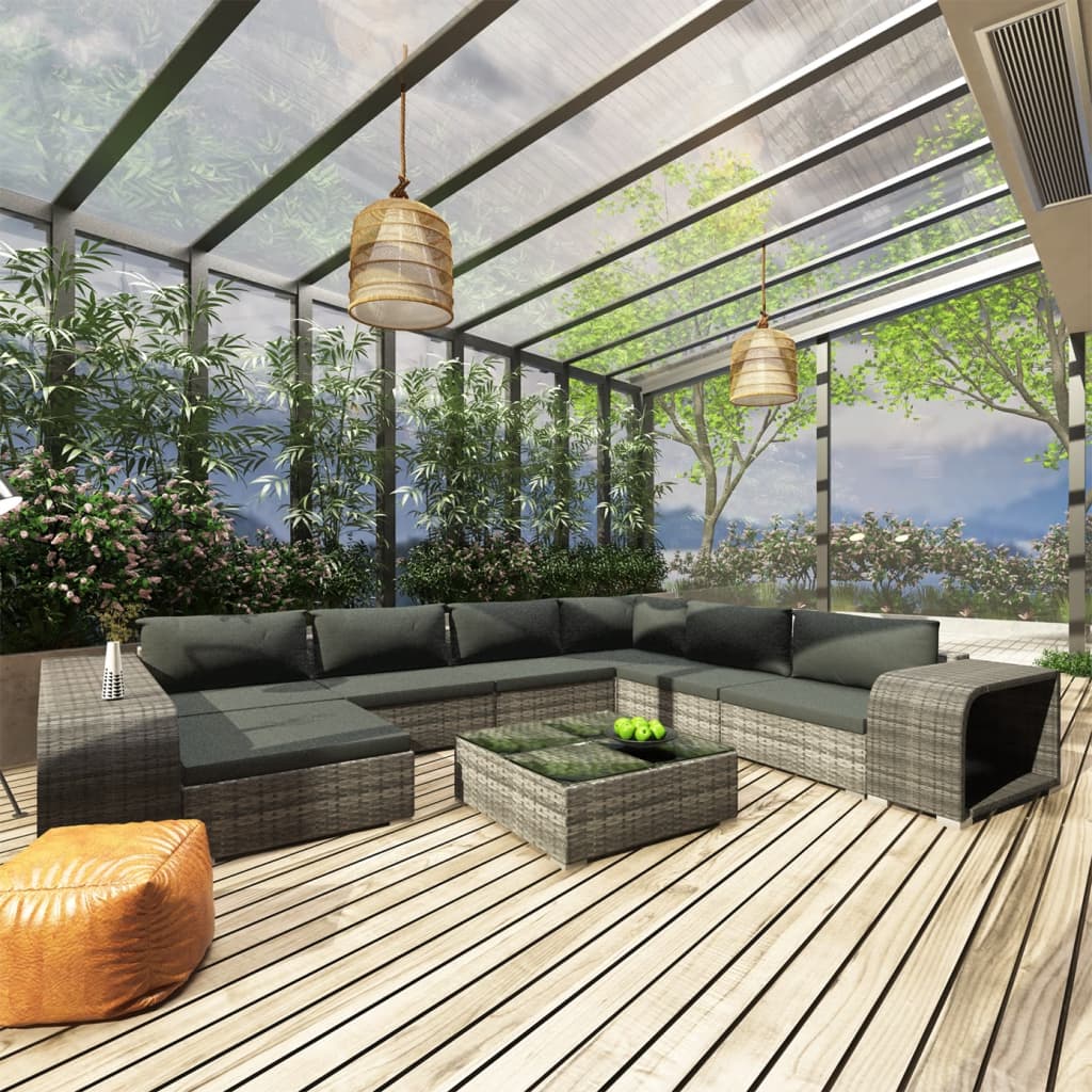 10-tlg. Garten-Lounge-Set mit Auflagen Poly Rattan Grau