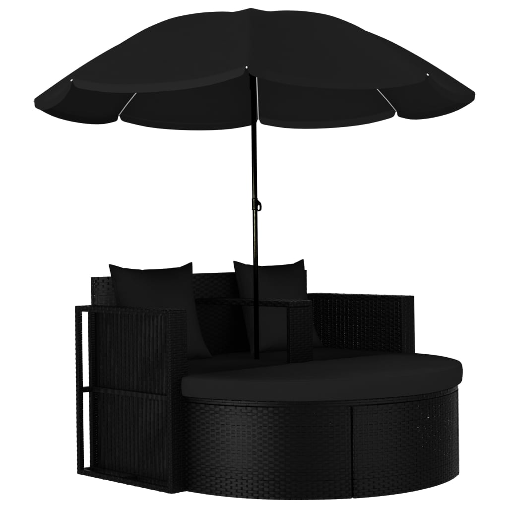 Gartenbett mit Sonnenschirm Poly Rattan Schwarz