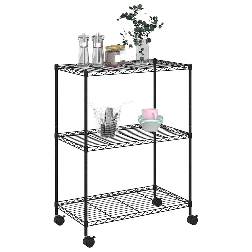 Lagerregal mit 3 Böden und Rollen 60x35x81 cm Schwarz 150 kg