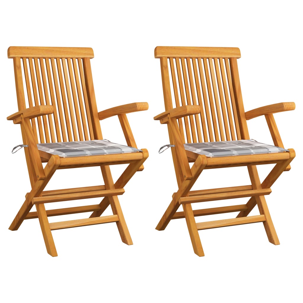 Gartenstühle Graue Karomuster-Kissen 2 Stk. Massivholz Teak