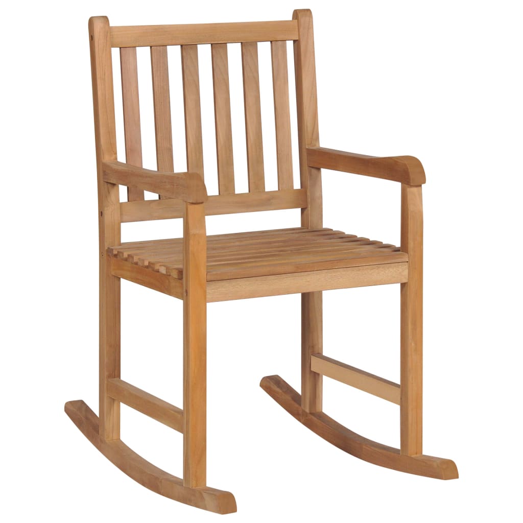 Schaukelstuhl mit Grauem Karomuster-Kissen Massivholz Teak