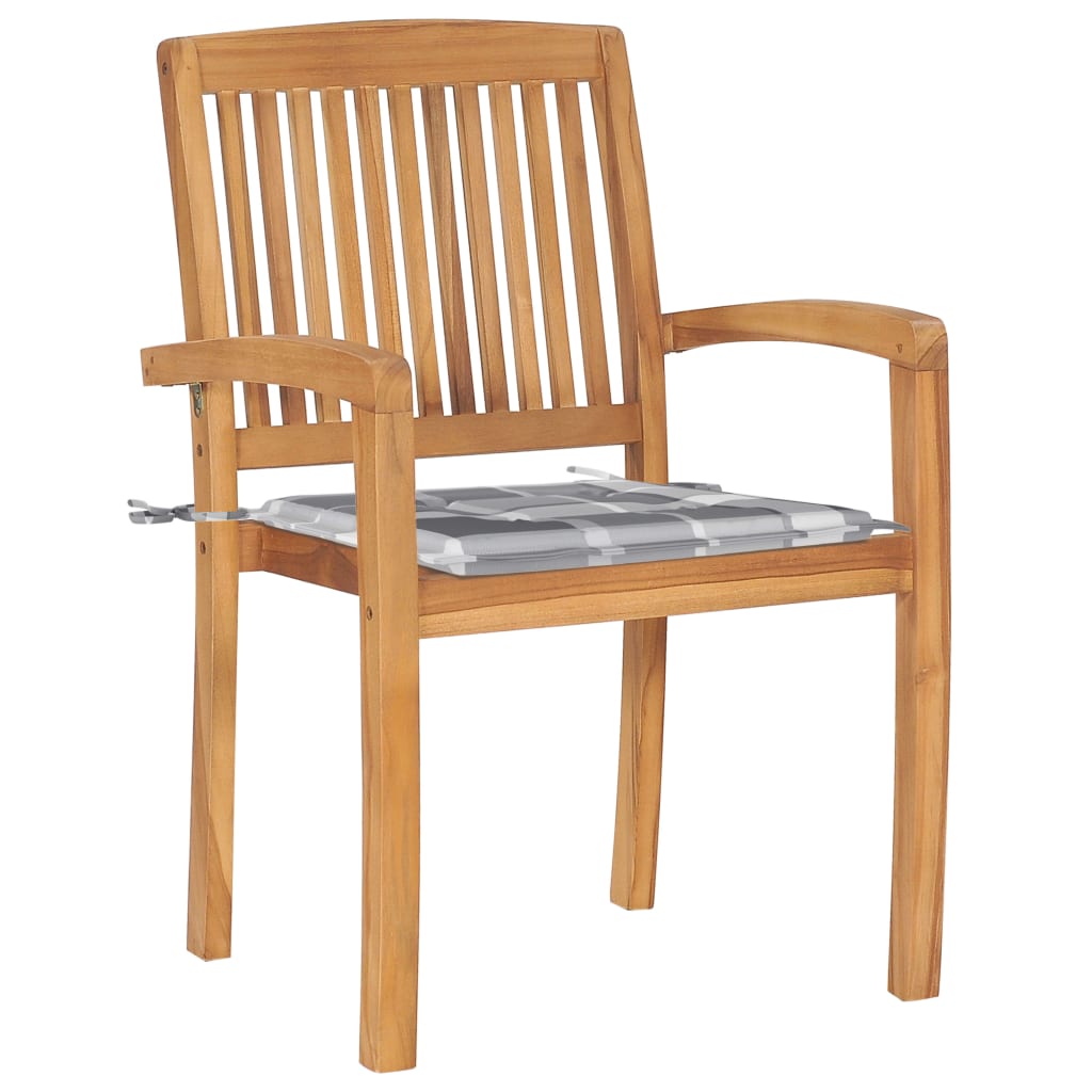 Gartenstühle 2 Stk. Graue Karomuster Kissen Massivholz Teak