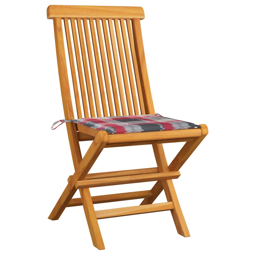 Gartenstühle mit Kissen 6 Stk. Rot Karomuster Massivholz Teak