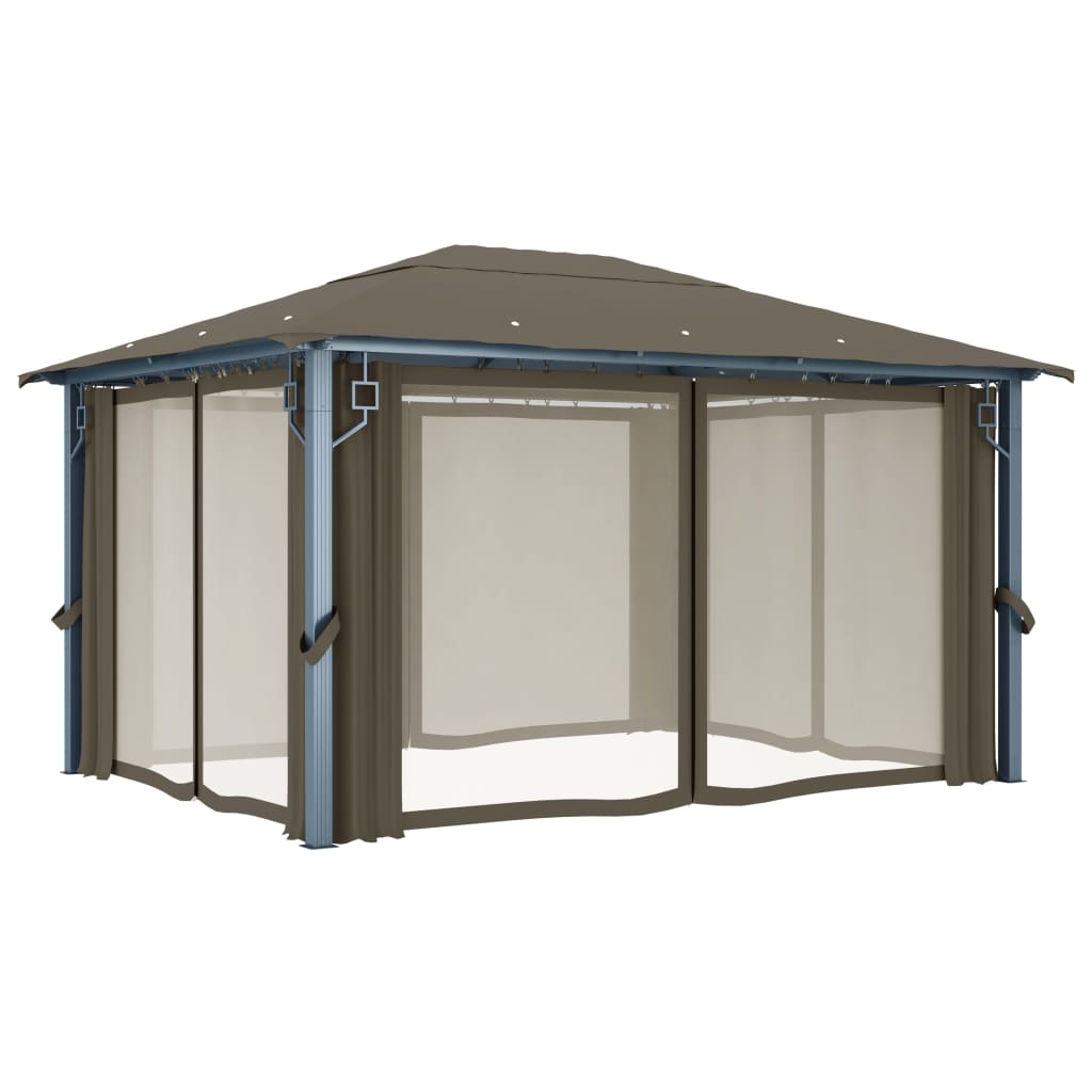 Pavillon mit Vorhängen & LED-Lichterkette 400x300 cm Taupe Alu