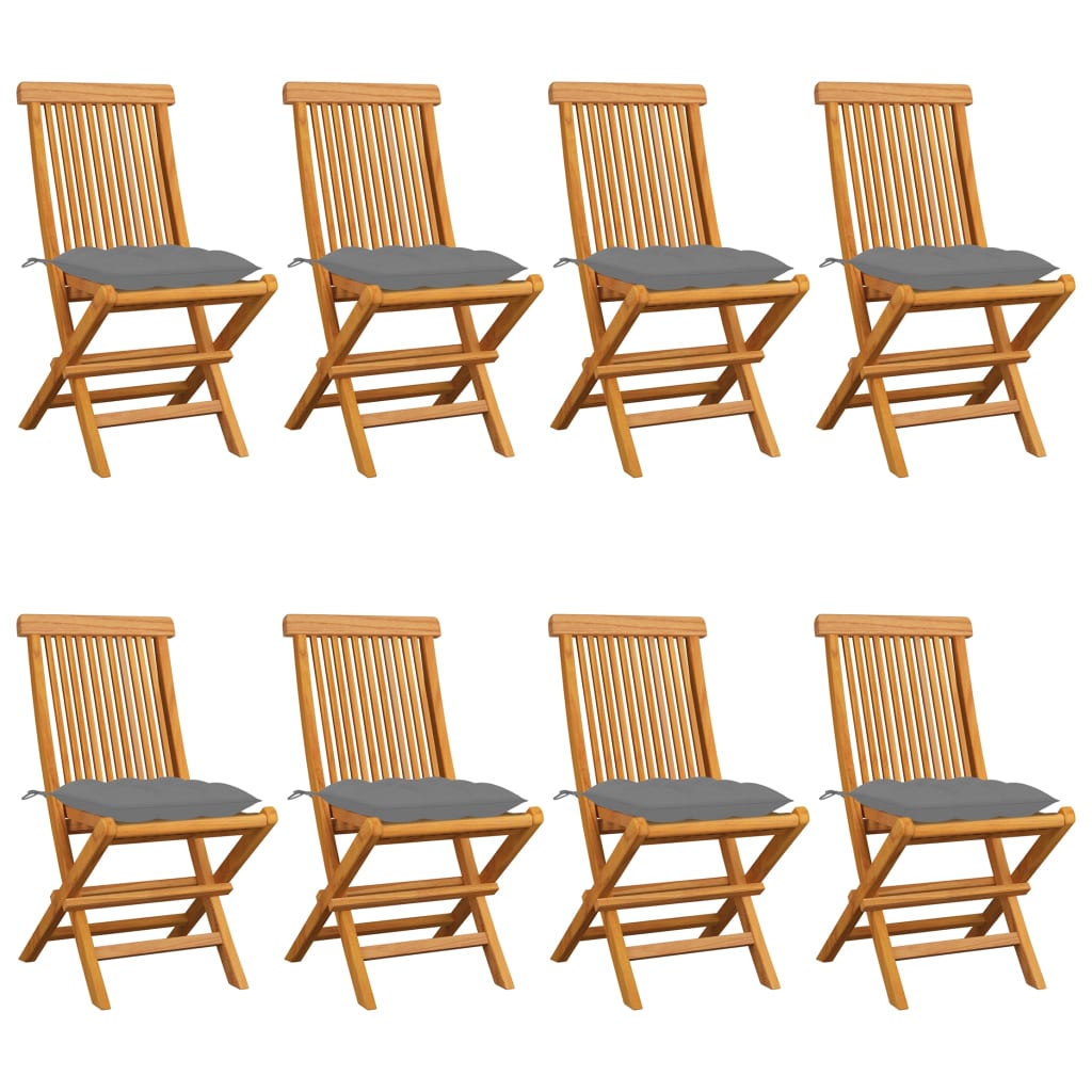 Gartenstühle mit Grauen Kissen 8 Stk. Massivholz Teak