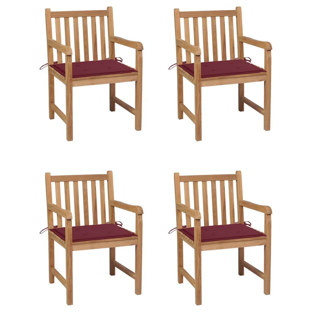 Gartenstühle 4 Stk. mit Weinroten Kissen Massivholz Teak
