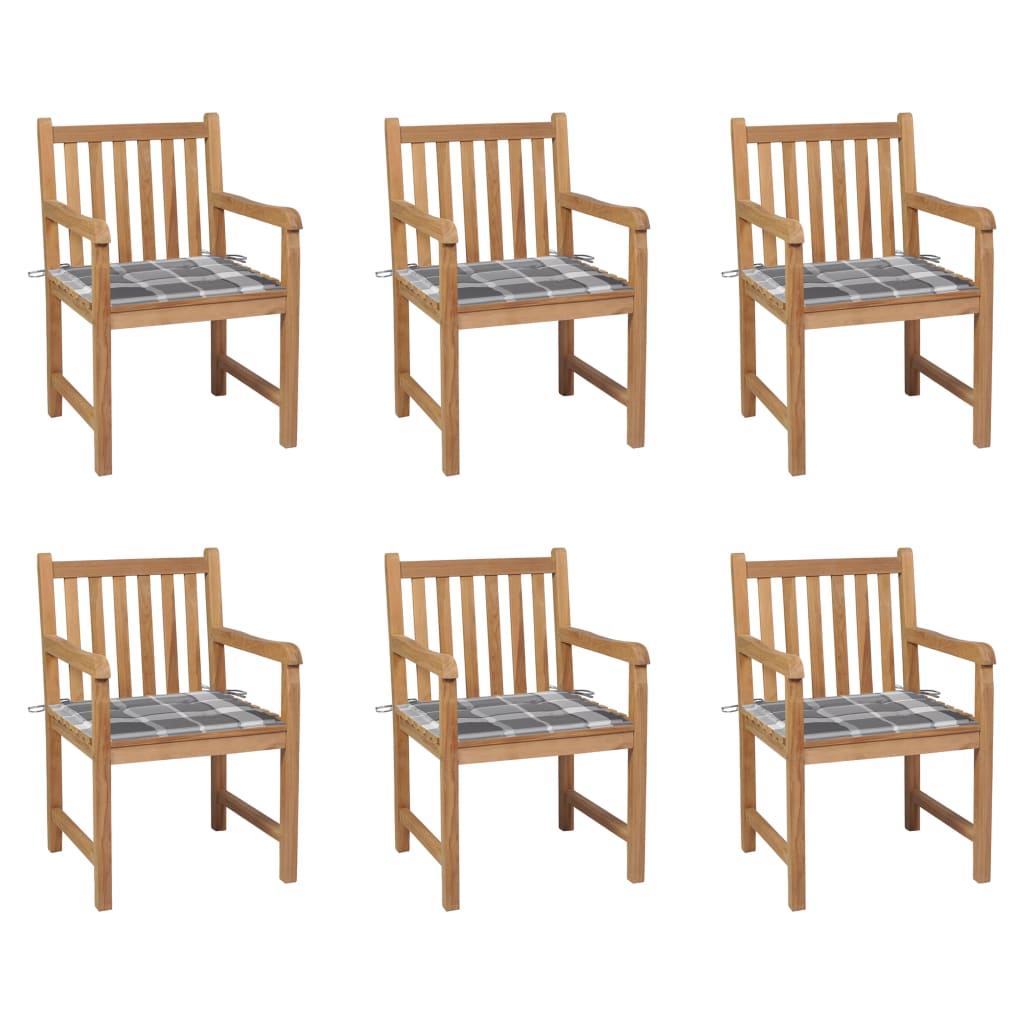 Gartenstühle 6 Stk. Graue Karomuster-Kissen Massivholz Teak