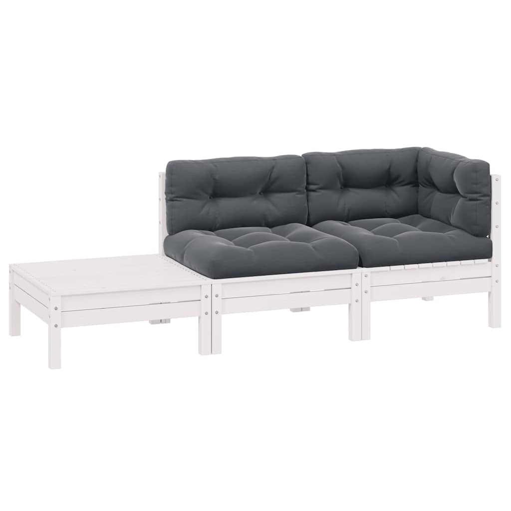 3-tlg. Garten-Lounge-Set mit Kissen Weiß Kiefer Massivholz