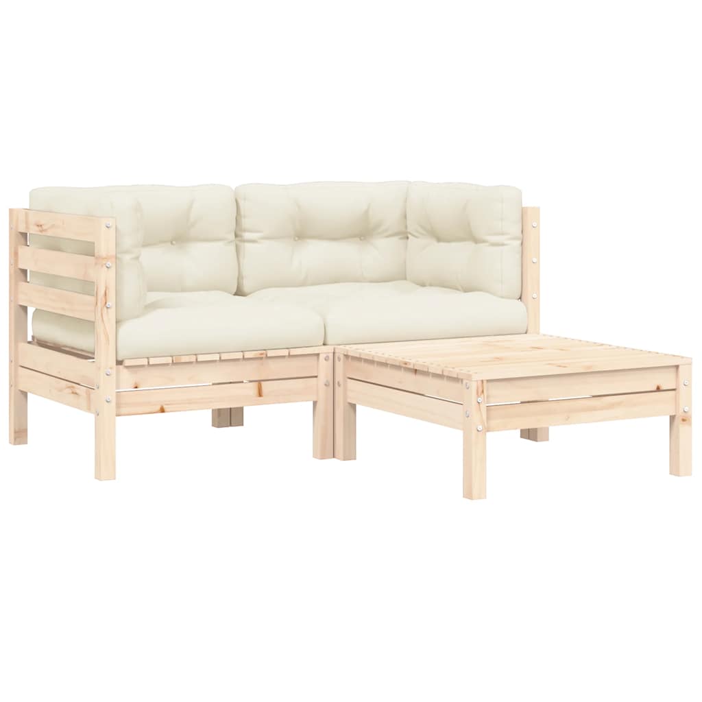 3-tlg. Garten-Lounge-Set mit Kissen in Creme Massivholz Kiefer