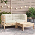 3-tlg. Garten-Lounge-Set mit Kissen in Creme Massivholz Kiefer