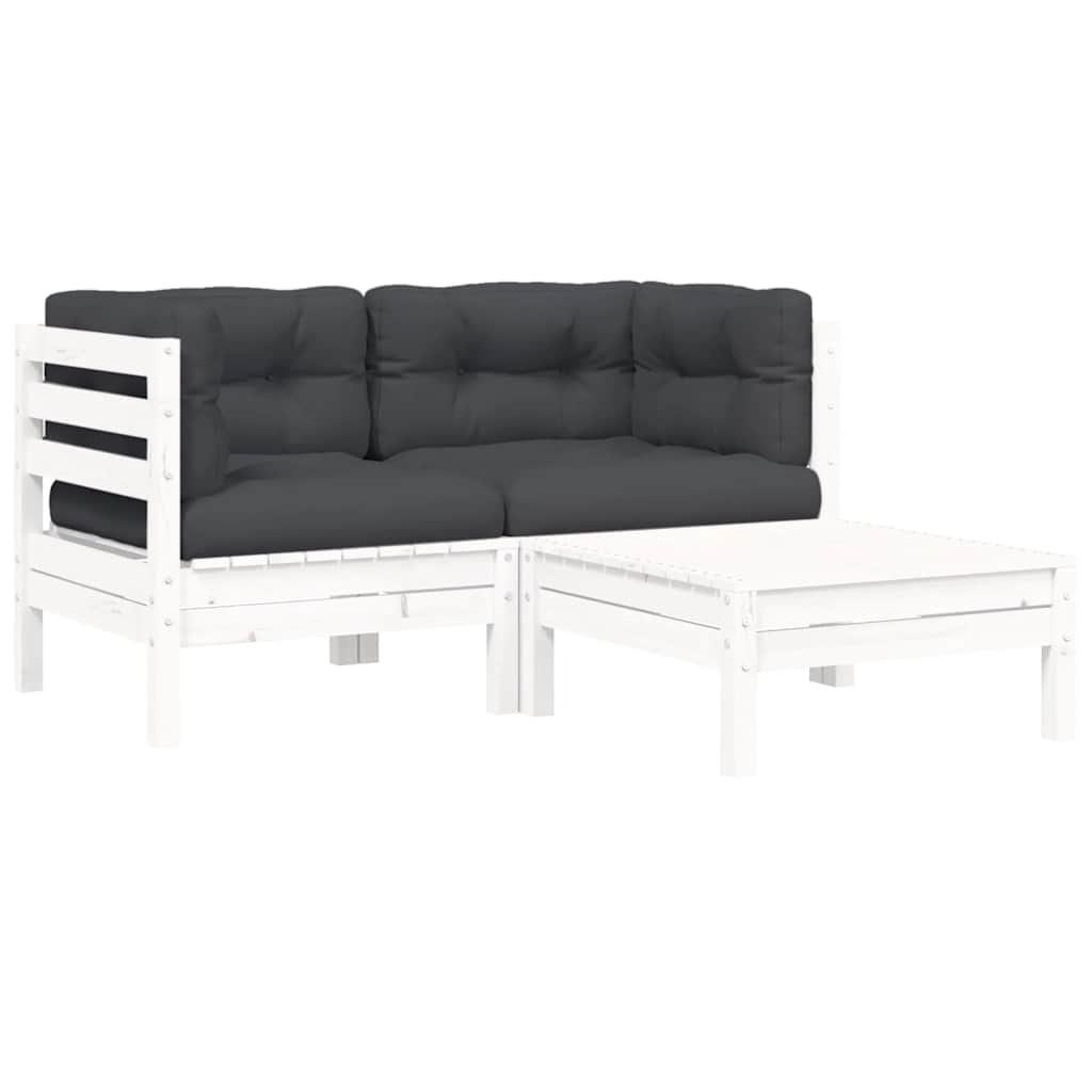3-tlg. Garten-Lounge-Set mit Kissen in Weiß Kiefer Massivholz