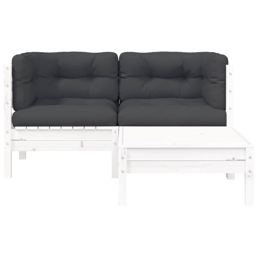 3-tlg. Garten-Lounge-Set mit Kissen in Weiß Kiefer Massivholz