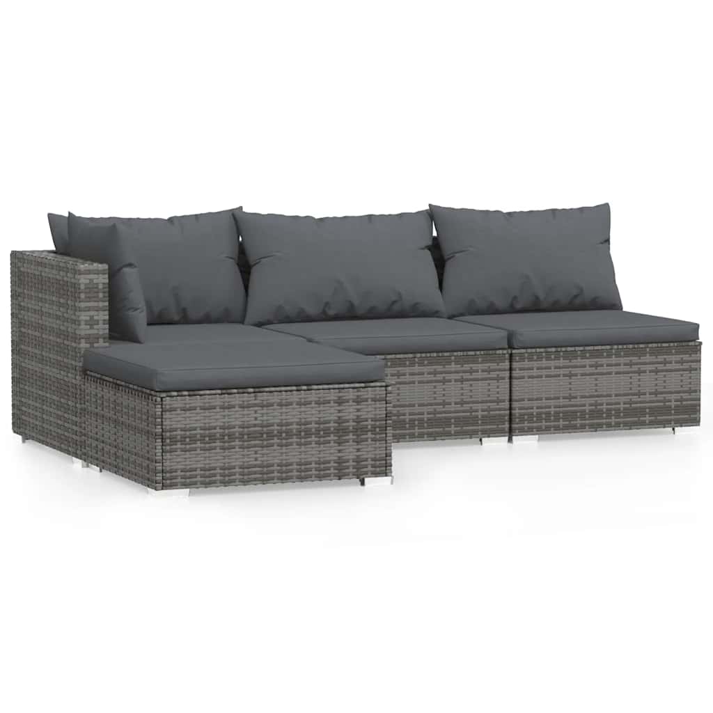 4-tlg. Garten-Lounge-Set mit Kissen Grau Poly Rattan