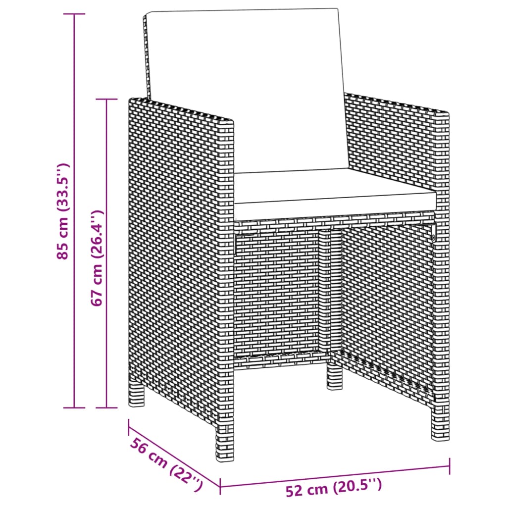 3-tlg. Garten-Essgruppe mit Kissen Poly Rattan Schwarz