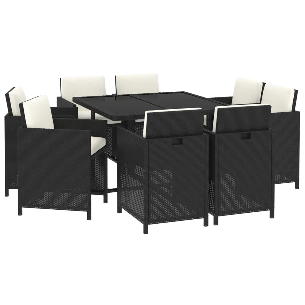 9-tlg. Garten-Essgruppe mit Auflagen Poly Rattan Schwarz