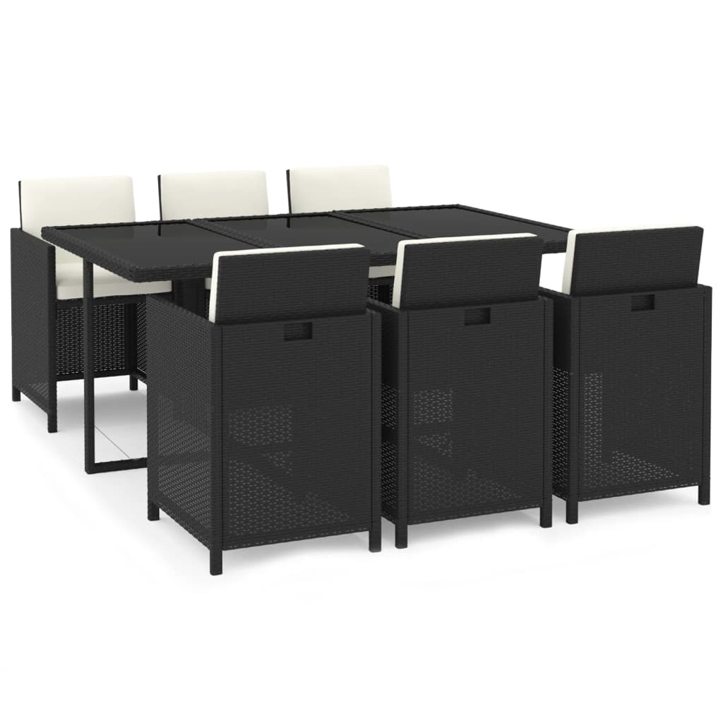 7-tlg. Garten-Essgruppe mit Kissen Poly Rattan Schwarz