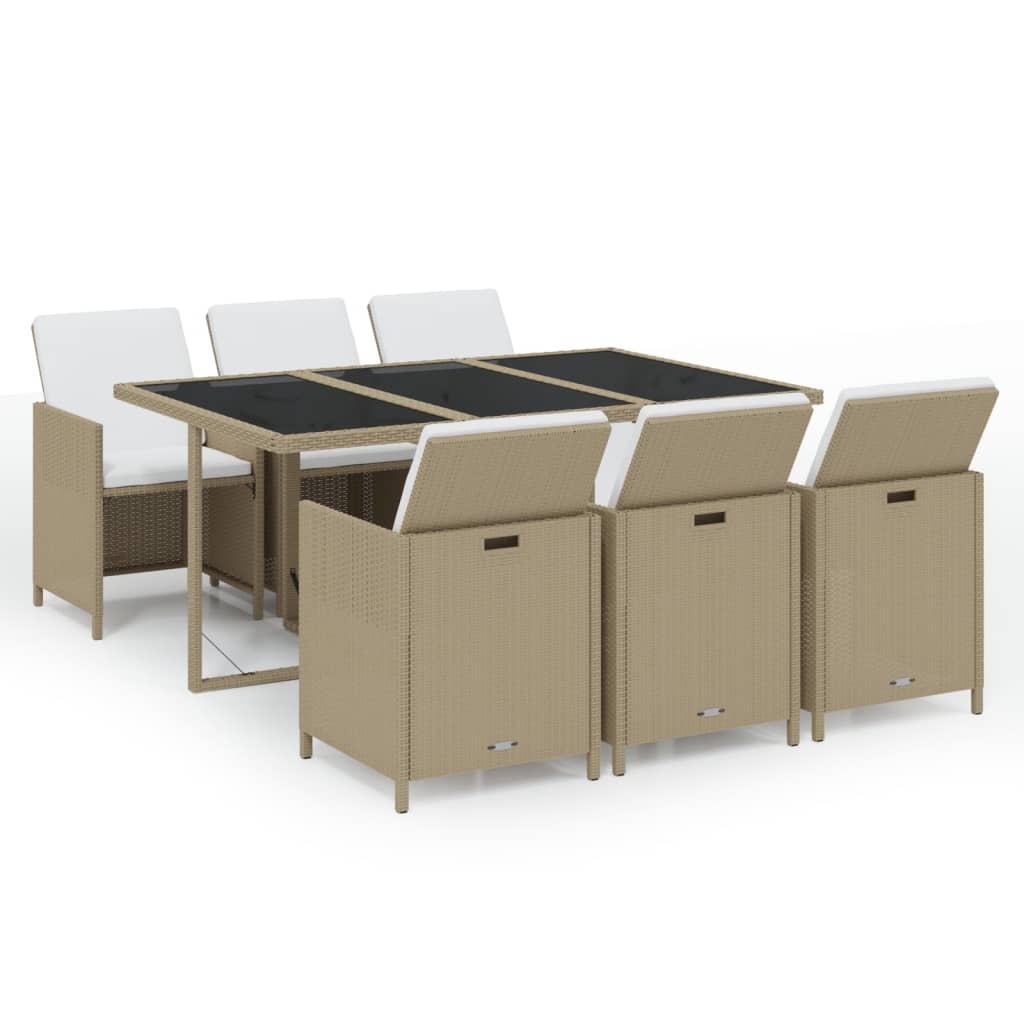 7-tlg. Garten-Essgruppe mit Kissen Poly Rattan Beige