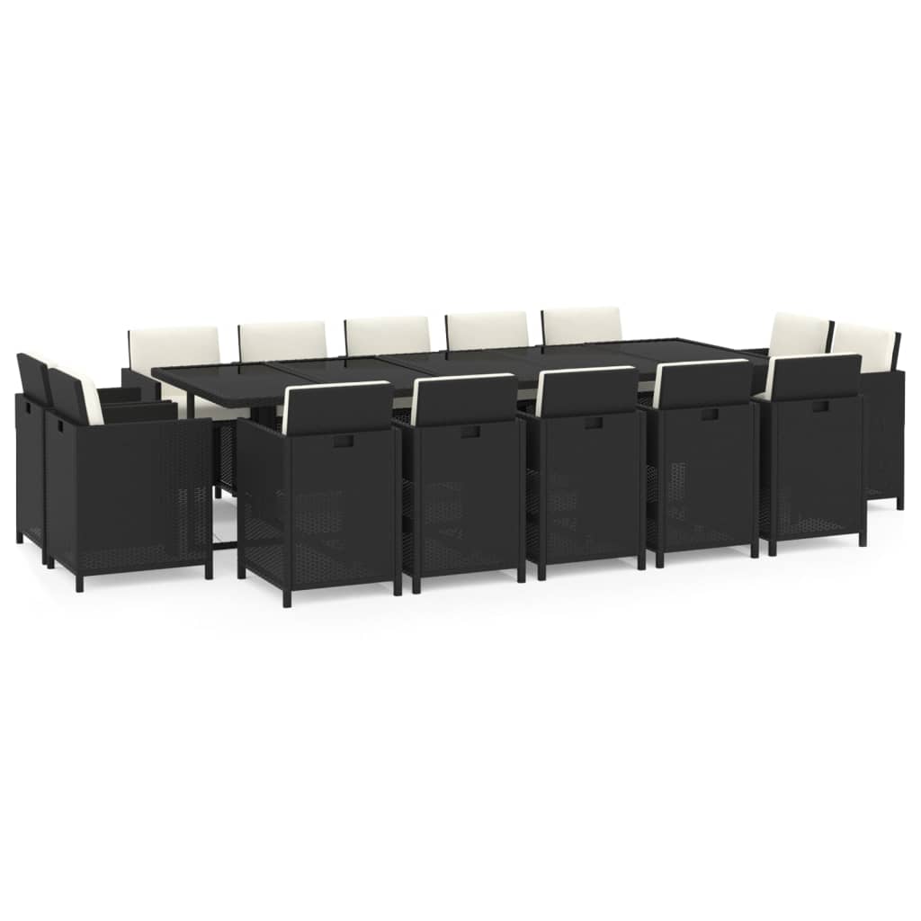 15-tlg. Garten-Essgruppe mit Kissen Poly Rattan Schwarz