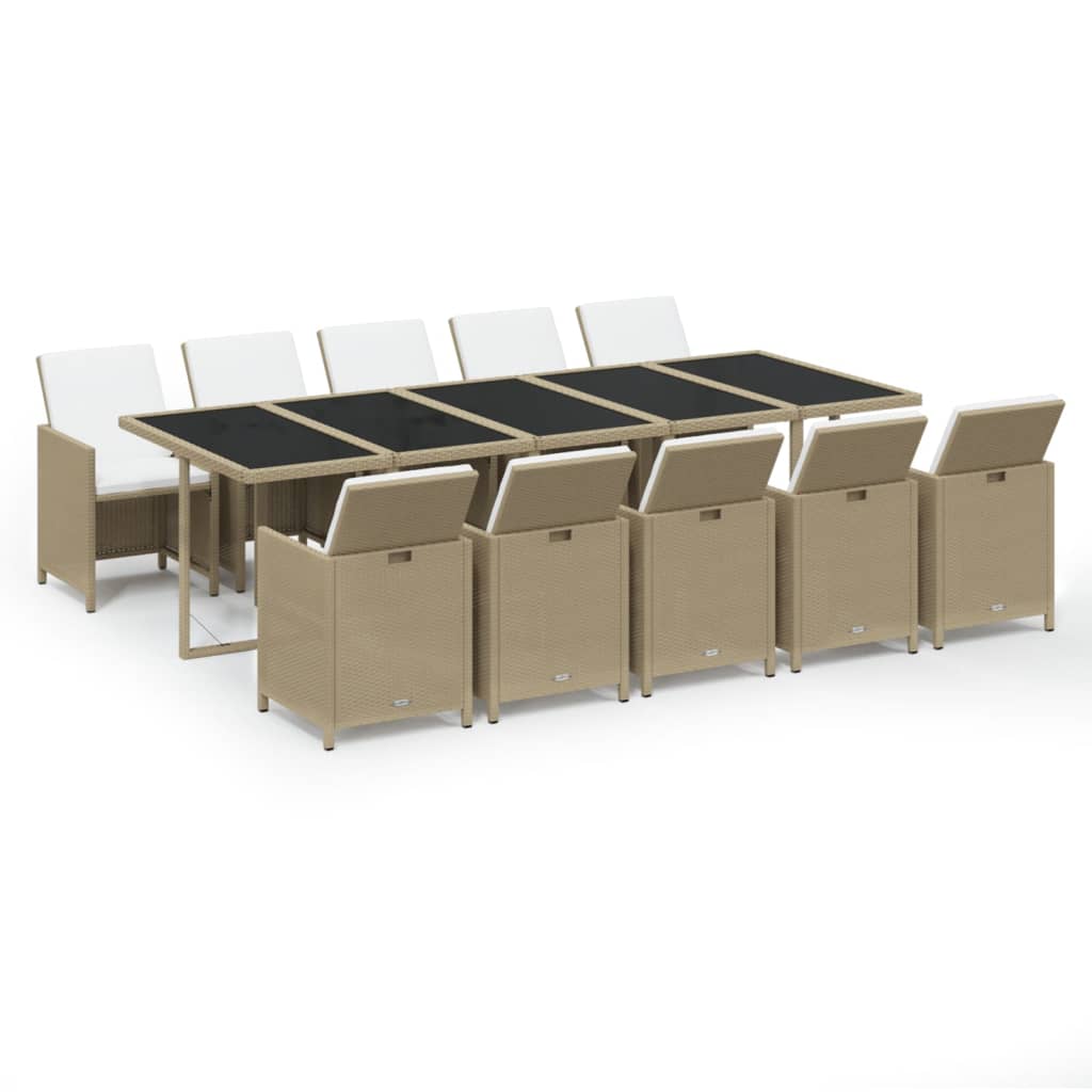 11-tlg. Garten-Essgruppe mit Kissen Poly Rattan Beige