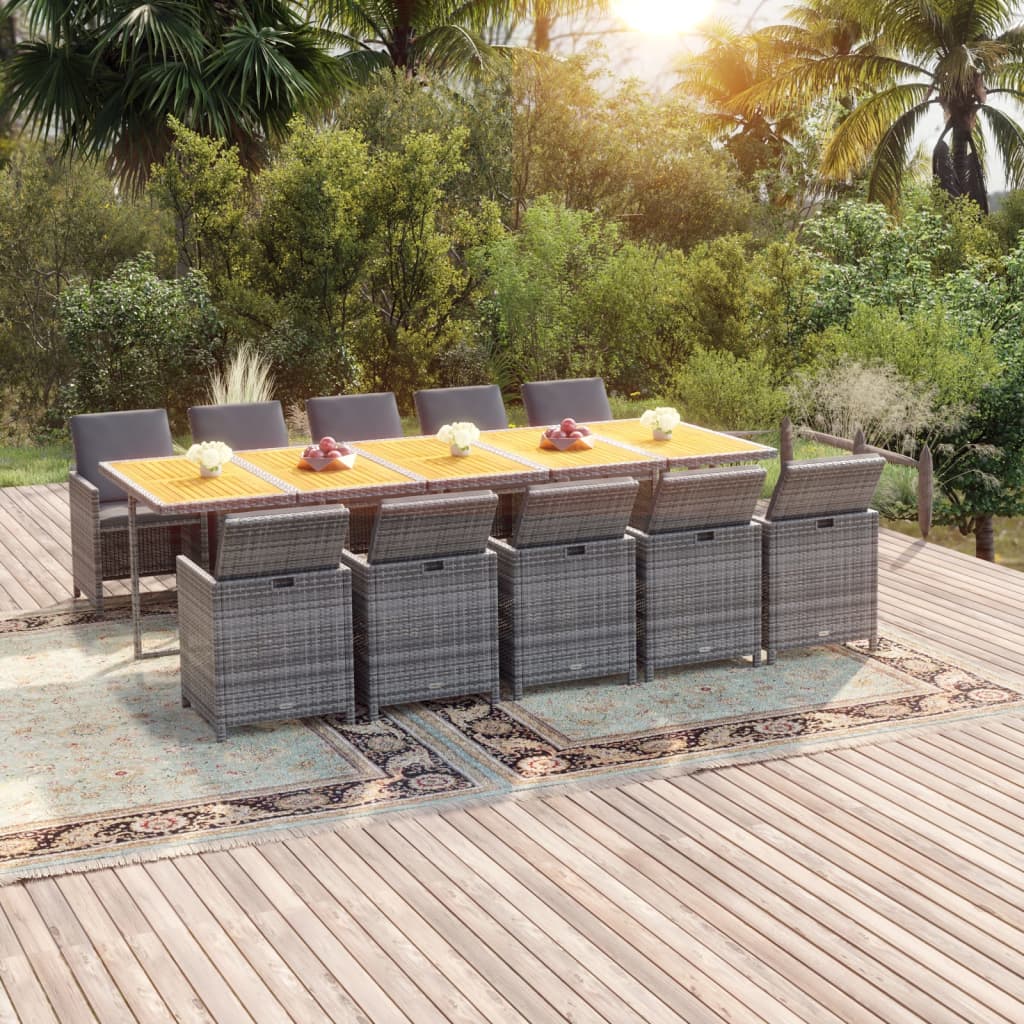 11-tlg. Garten-Essgruppe mit Auflagen Poly Rattan Grau