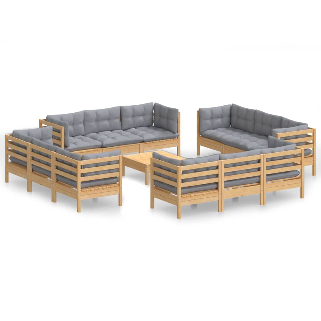 13-tlg. Garten-Lounge-Set mit Grauen Kissen Kiefernholz