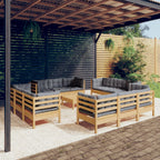 13-tlg. Garten-Lounge-Set mit Grauen Kissen Kiefernholz