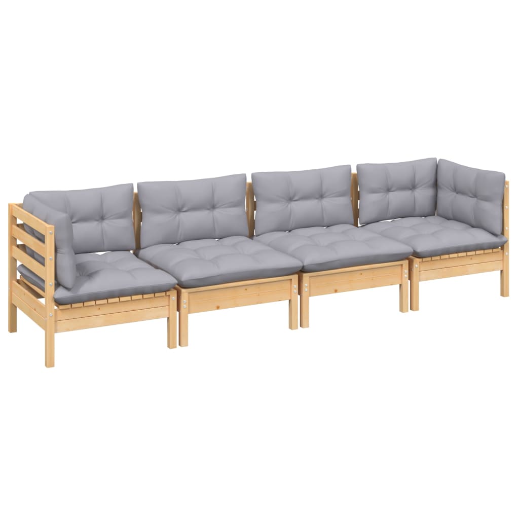 4-tlg. Garten-Lounge-Set mit Grauen Kissen Kiefer Massivholz