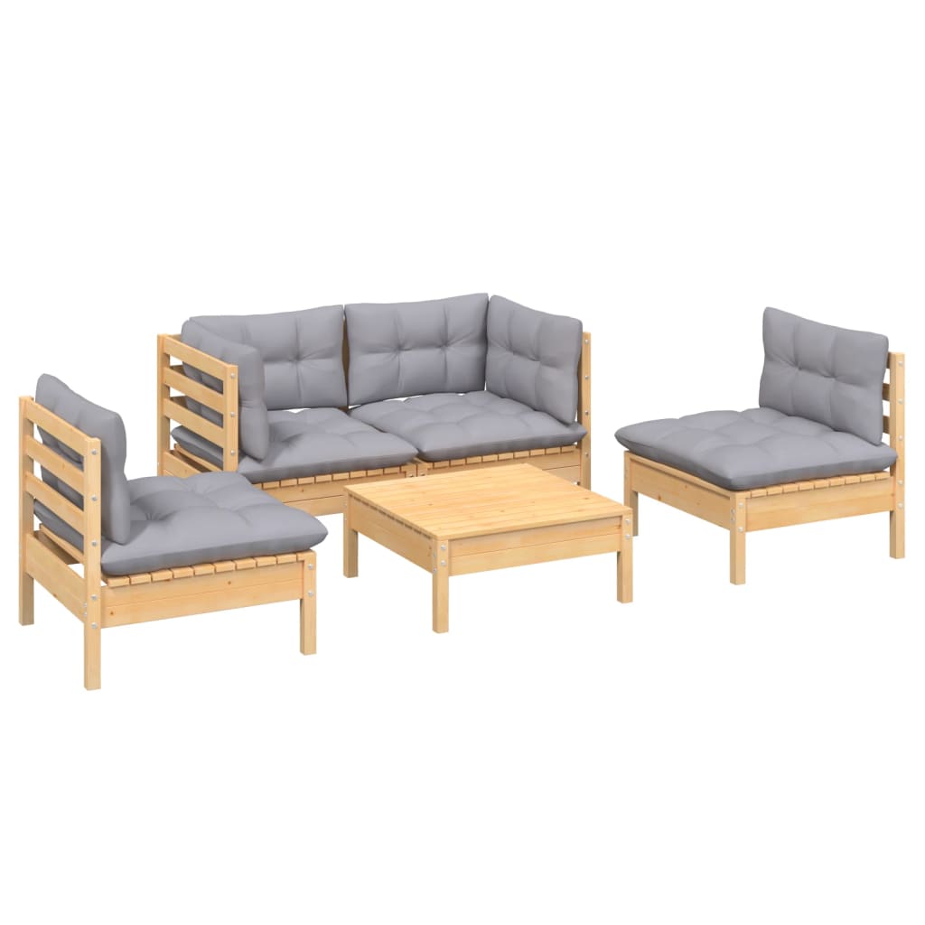 5-tlg. Garten-Lounge-Set mit Grauen Kissen Kiefer Massivholz