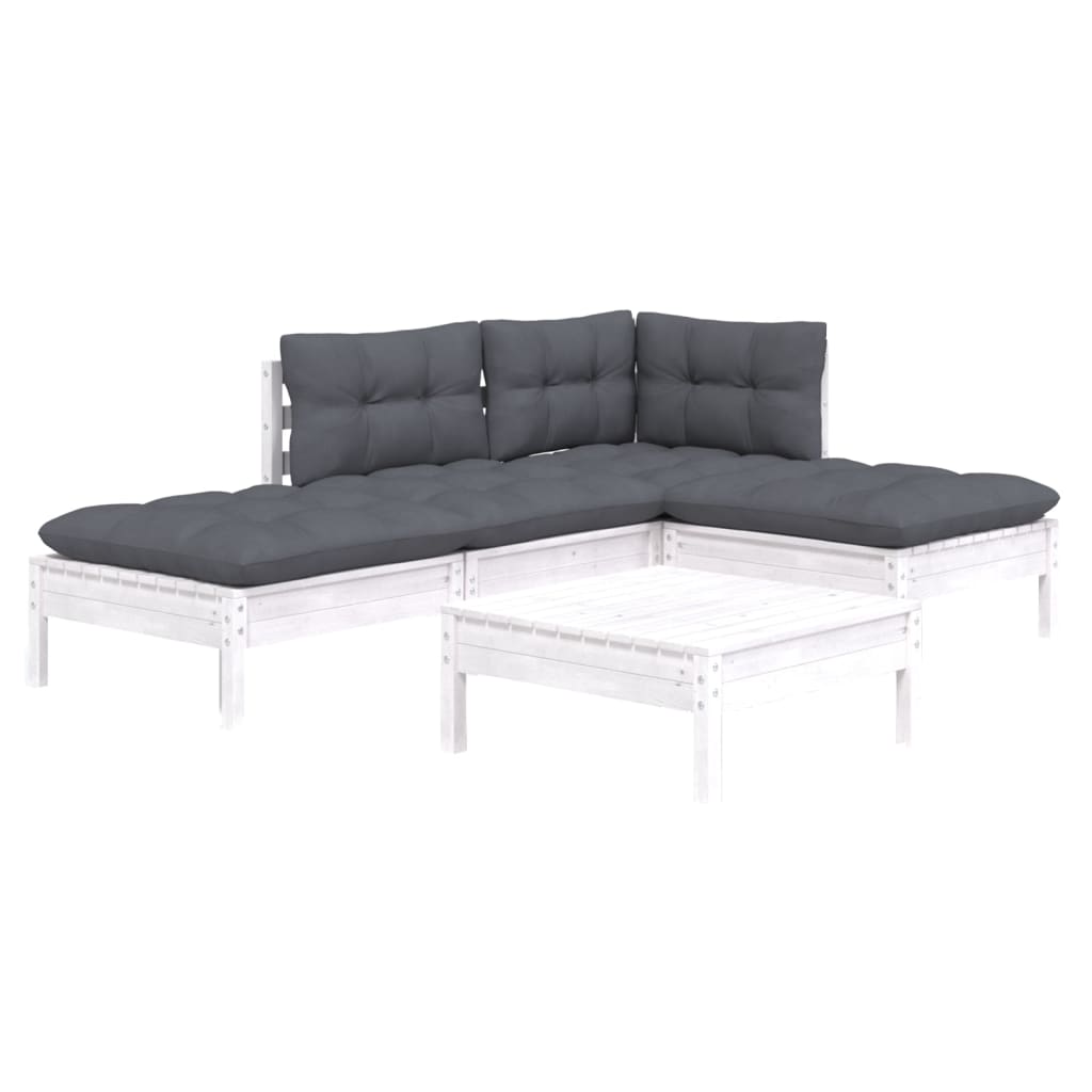 5-tlg. Garten-Lounge-Set mit Kissen Weiß Kiefernholz
