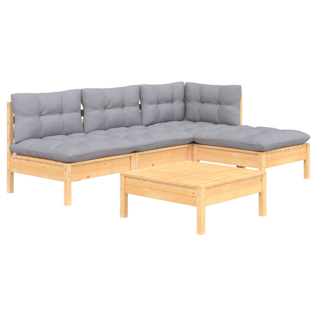 5-tlg. Garten-Lounge-Set mit Grauen Kissen Kiefernholz