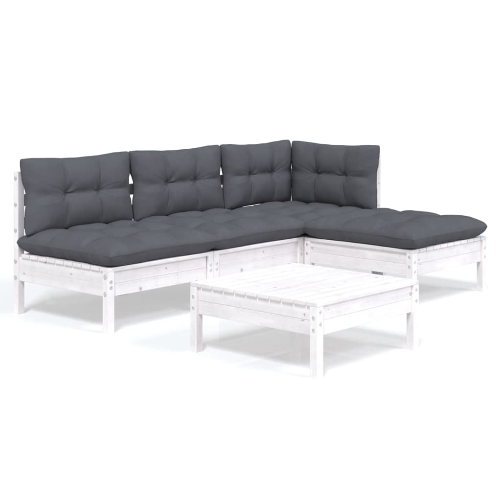 5-tlg. Garten-Lounge-Set mit Kissen Weiß Kiefernholz