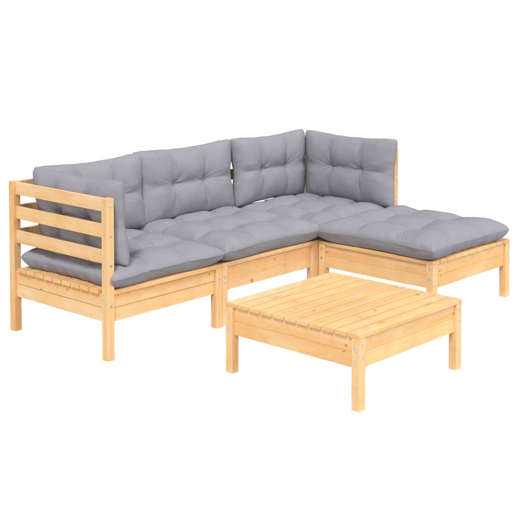 5-tlg. Garten-Lounge-Set mit Grauen Kissen Kiefernholz