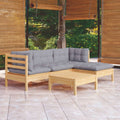 5-tlg. Garten-Lounge-Set mit Grauen Kissen Kiefernholz