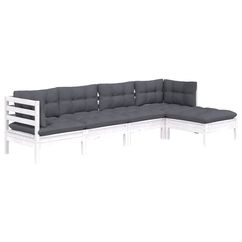 5-tlg. Garten-Lounge-Set mit Kissen Weiß Kiefernholz