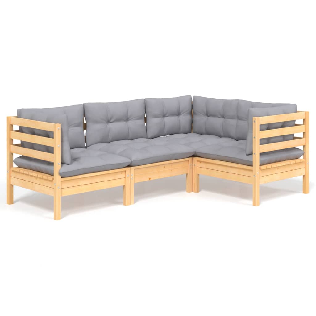 4-tlg. Garten-Lounge-Set mit Grauen Kissen Kiefernholz