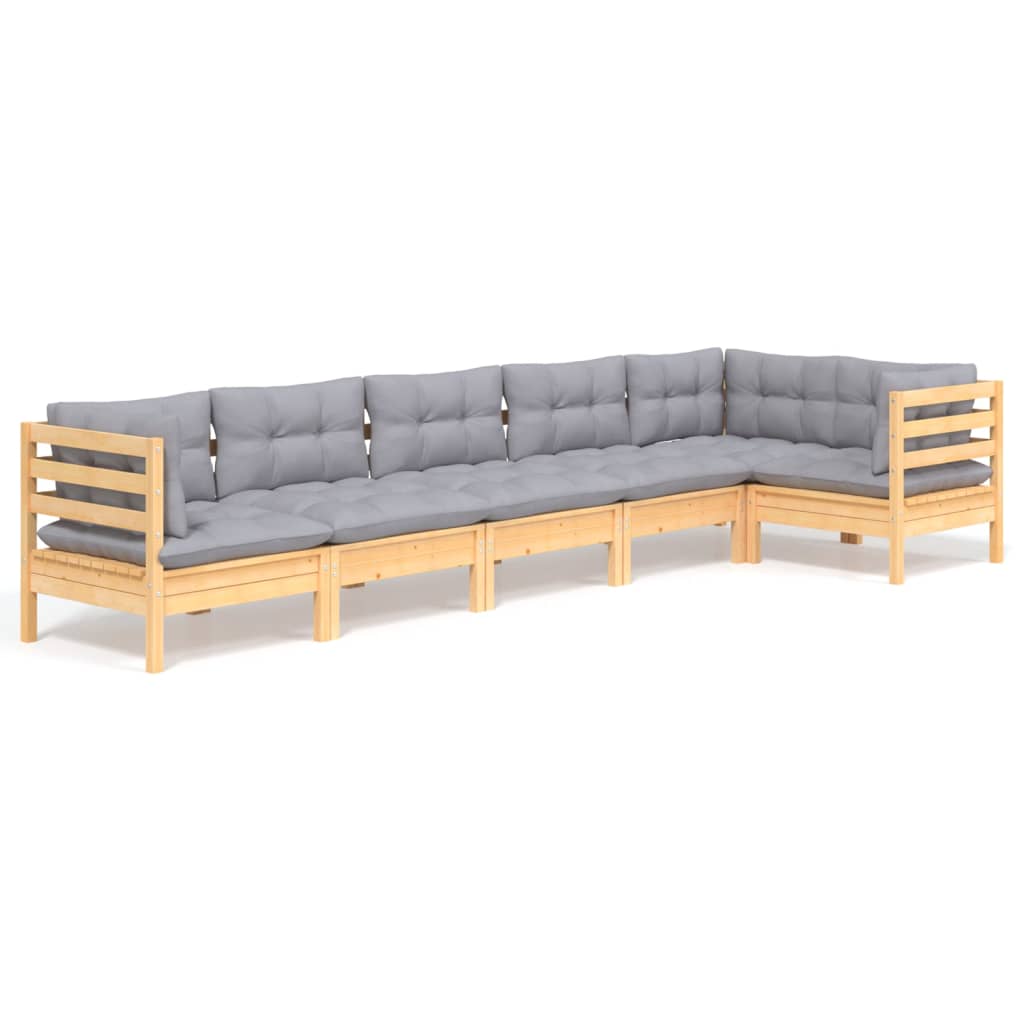 6-tlg. Garten-Lounge-Set mit Grauen Kissen Kiefernholz