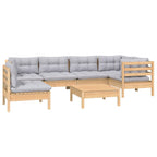 7-tlg. Garten-Lounge-Set mit Grauen Kissen Kiefernholz
