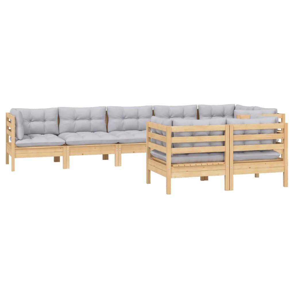 8-tlg. Garten-Lounge-Set mit Grauen Kissen Kiefer Massivholz