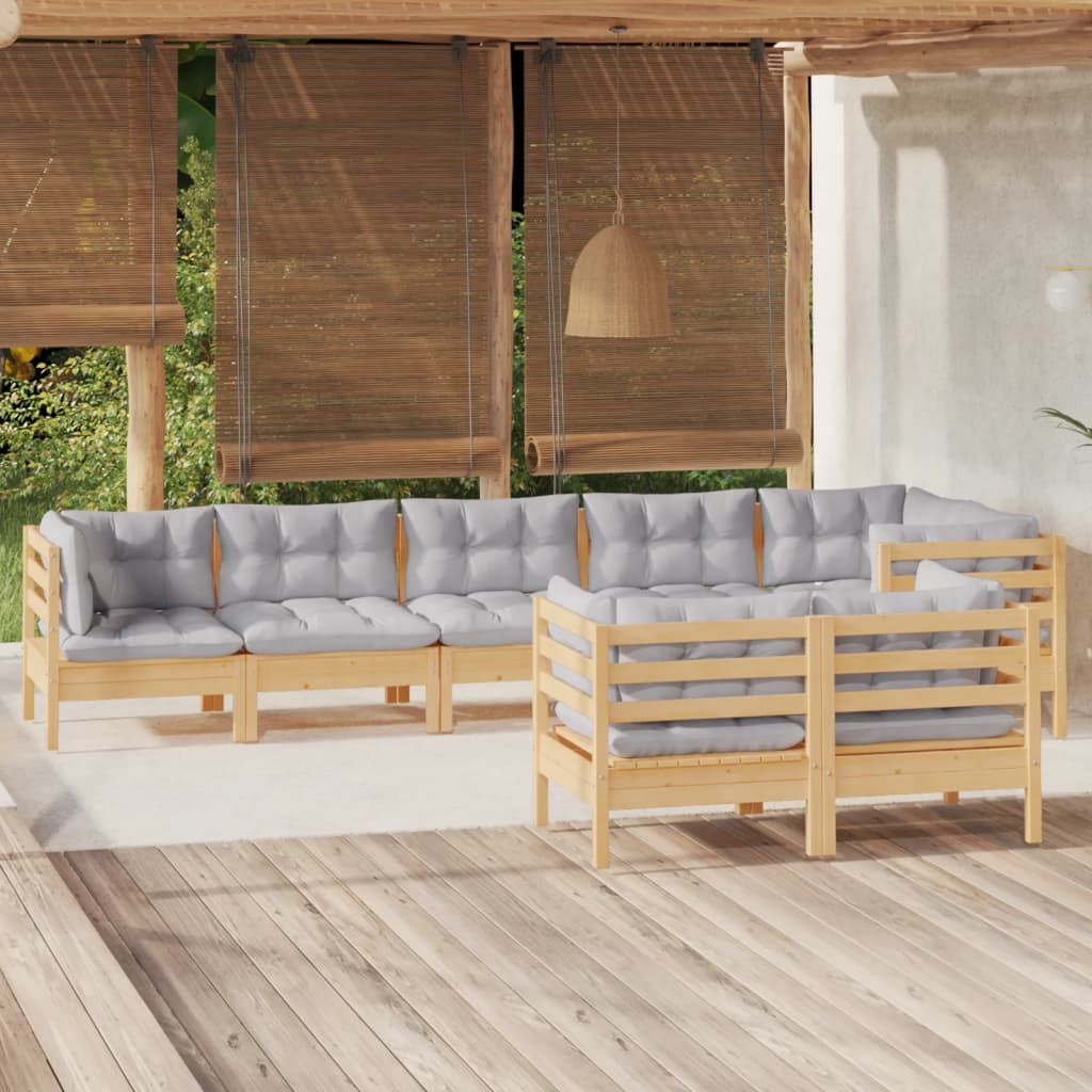 8-tlg. Garten-Lounge-Set mit Grauen Kissen Kiefer Massivholz